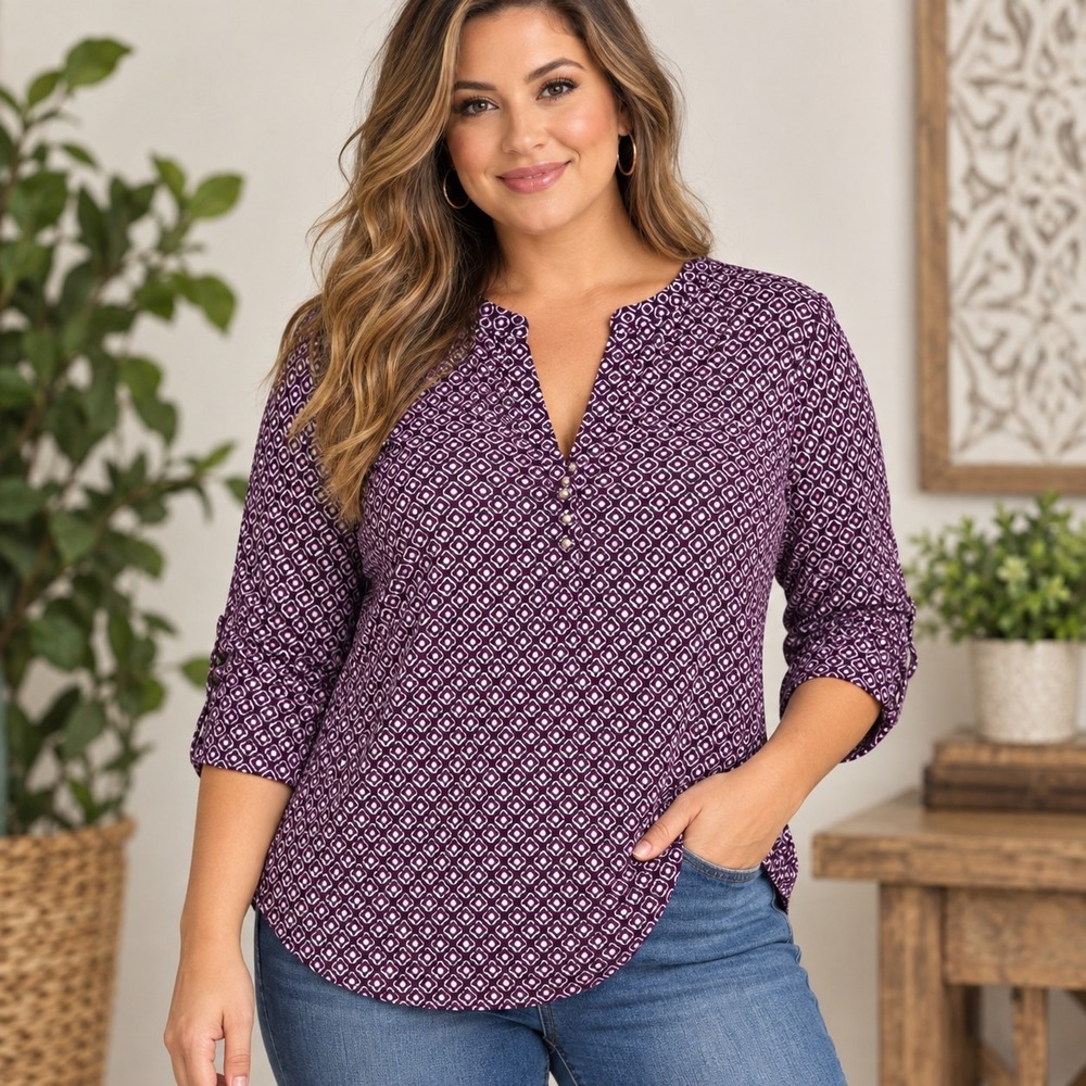 Dana Buchman Plum Geometric Print Split Neck Top Women's Medium Preppy 60's Mod